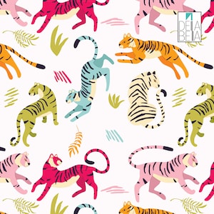 May include: A seamless pattern featuring colourful tigers in various poses against a white background. The tigers are depicted in shades of pink, blue, green, yellow, and orange, with black stripes. The pattern includes stylised leaves and brushstrokes in various colours.