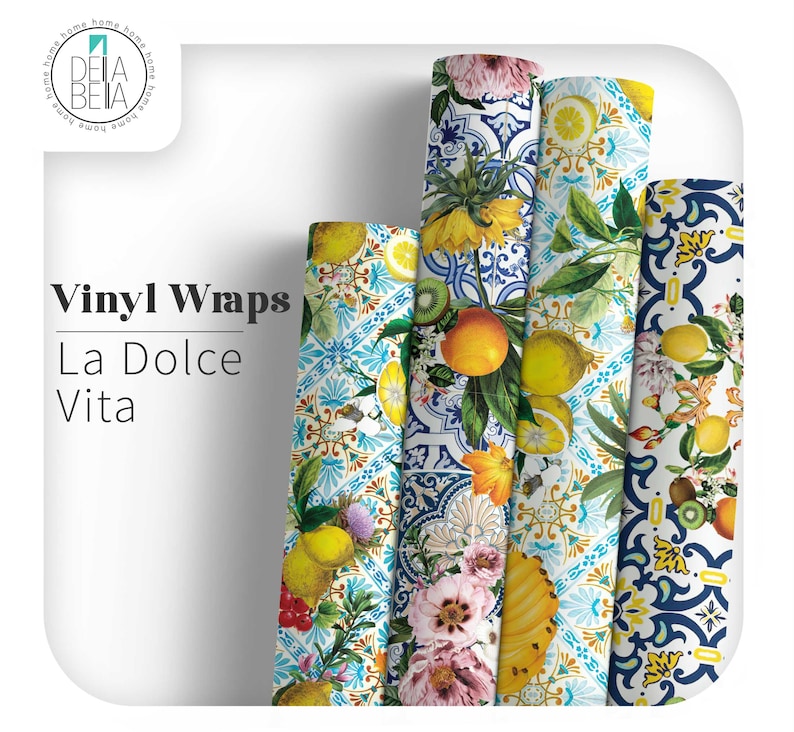 Four rolls of Mediterranean vinyl wrap from the La Dolce Vita collection for kitchen cabinet makeovers and furniture upcycling.