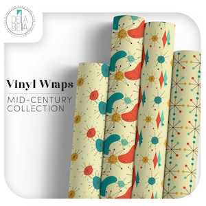 May include: A collection of rolled vinyl wraps with a mid-century modern design. The wraps feature patterns with teal, red, and yellow shapes on a cream background. The text "Vinyl Wraps" and "Mid-Century Collection" are visible.