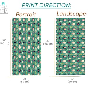 Op de afbeelding: Een digitaal printontwerp met een herhalend patroon van gestileerde kevers, bladeren en gouden accenten op een teal achtergrond. Het ontwerp wordt in twee ori&euml;ntaties getoond: portret en landschap. De print is 39 inch bij 23 inch (100 cm bij 60 cm).