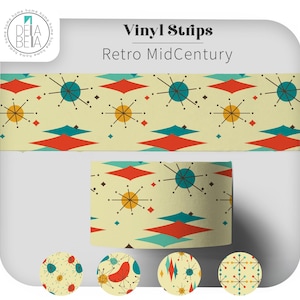 May include: Vinyl strips featuring a cream background with a repeating pattern of red diamonds, teal starbursts, and yellow sunbursts. The text reads Vinyl Strips Retro MidCentury. Four circular swatches show variations of the geometric pattern.