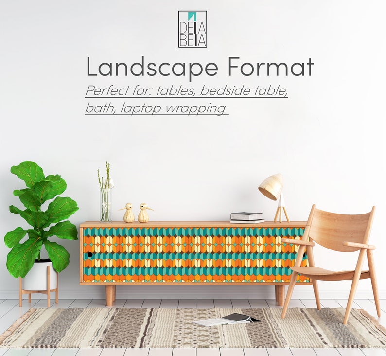 May include: A wooden cabinet with a colorful geometric pattern on the front. The cabinet is sitting on a white floor with a rug in front of it. The cabinet is decorated with a geometric pattern in shades of orange, yellow, blue, and green. The cabinet is in a room with a white wall and a chair to the right.