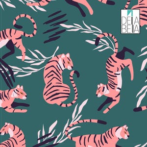 May include: A repeating pattern featuring stylized pink tigers with black stripes and white leaf accents on a teal background. The tigers are in various poses, some leaping and others seated. The design includes the text "DEIA BEIA" in a white box.