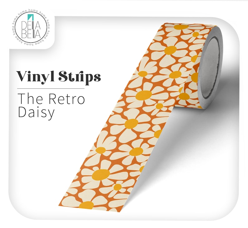 Orange groovy 70s floral border roll for furniture upcycling, mirror framing, and wall borders.