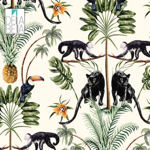 May include: A seamless pattern featuring a tropical jungle scene with toucans, monkeys, panthers, pineapples, and palm trees on a white background. The pattern is repeated throughout the image.