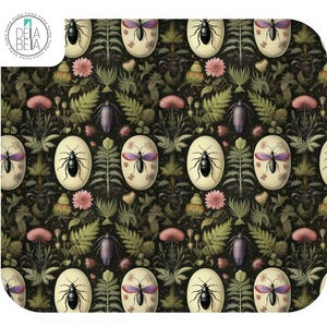 May include: A seamless pattern featuring a dark green background with various insects, flowers, and leaves. The insects are depicted in a vintage style, with some enclosed in oval frames. The flowers are pink and white, and the leaves are green and brown.