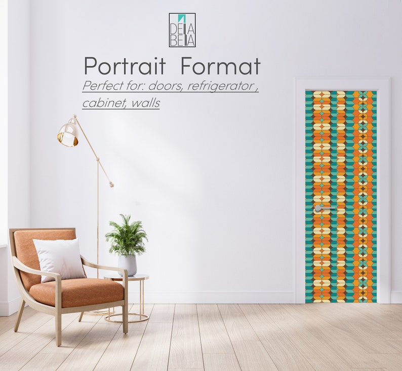May include: A white door with a geometric pattern in shades of orange, yellow, and teal. The text "Portrait Format" is above the door, and the text "Perfect for: doors, refrigerator, cabinet, walls" is below the door.