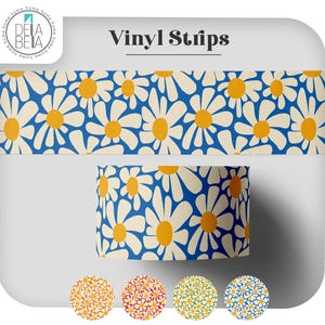 blue retro daisy floral peel and stick vinyl strip for DIY mid-century modern and 70s room makeovers.