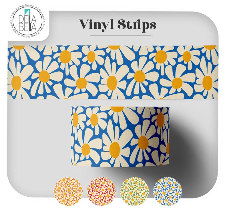 blue retro daisy floral peel and stick vinyl strip for DIY mid-century modern and 70s room makeovers.