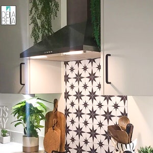 May include: A contemporary kitchen with a black extractor fan, white cupboards, and a starburst tile backsplash. Wooden chopping boards and a potted plant sit on the work surface. The text "LET'S STAY HOME" is visible.
