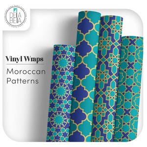 May include: Rolls of vinyl wraps featuring Moroccan patterns in teal, blue, and gold. The image shows several rolls with various geometric designs. Text on the left reads "Vinyl Wraps" and "Moroccan Patterns". The brand logo is in the top left corner.