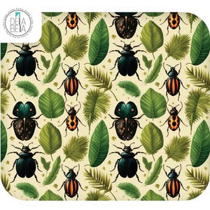 May include: A seamless pattern featuring a variety of colourful beetles and green leaves on a cream background. The beetles have black, green, orange, and red markings.
