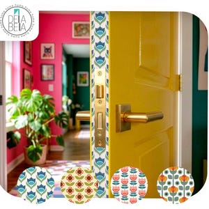 May include: A bright yellow door featuring a vertical strip of white wallpaper with a repeating blue and green tulip pattern. The door has a metallic gold handle and latch. Four circular swatches show additional floral patterns in various colors.