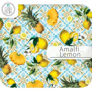 Amalfi Lemon pattern vinyl wrap featuring bananas and pineapples over blue and white Italian tile background.