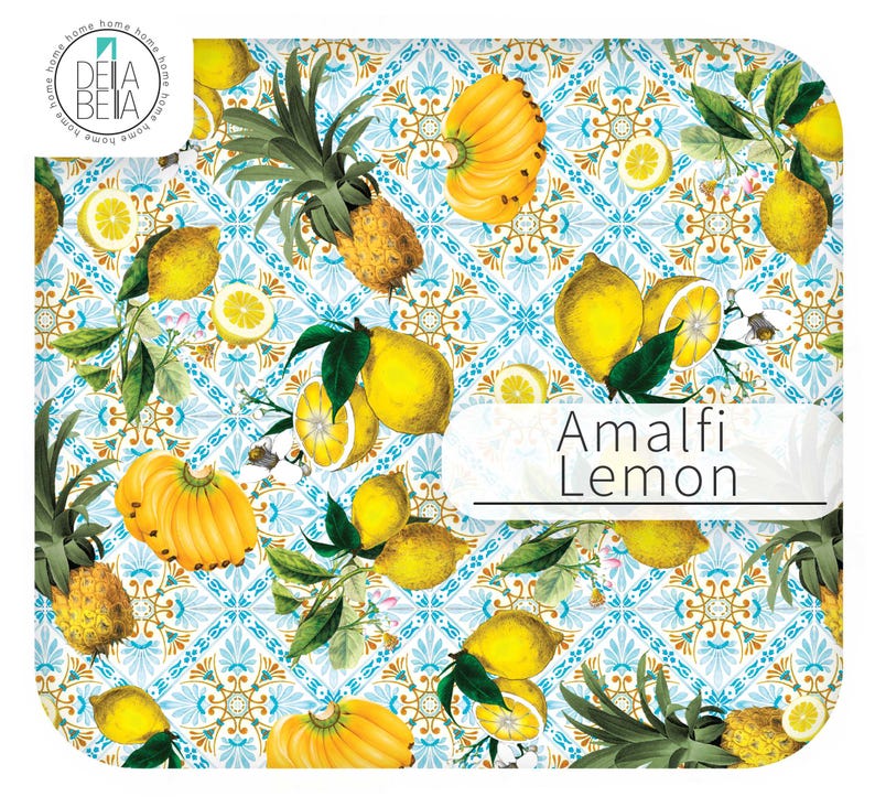 Amalfi Lemon pattern vinyl wrap featuring bananas and pineapples over blue and white Italian tile background.