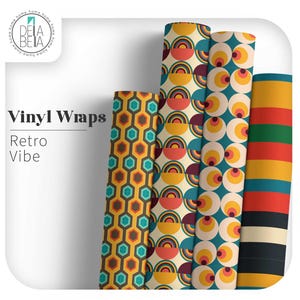 May include: Four rolls of vinyl wrap featuring retro patterns. The designs include a honeycomb pattern, a rainbow arch pattern, a circle pattern, and a striped pattern. The colours are yellow, orange, red, blue, green, and brown.