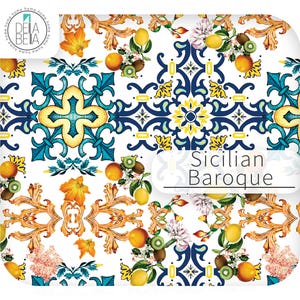 Sicilian Baroque navy and yellow tile vinyl wrap with kiwi and citrus fruit illustrations for furniture upcycling.