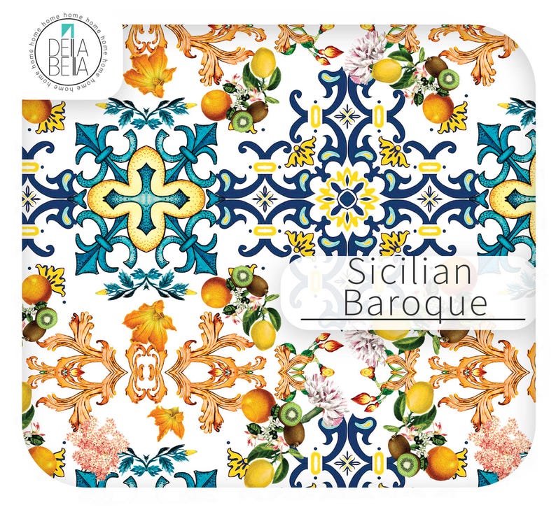 Sicilian Baroque navy and yellow tile vinyl wrap with kiwi and citrus fruit illustrations for furniture upcycling.