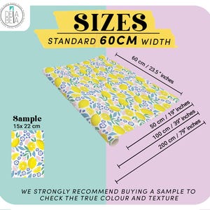 May include: A roll of wallpaper with a lemon and floral pattern. The wallpaper is yellow with lemons, blue flowers, and green leaves. The standard width is 23.5 inches (60 cm). A sample is 15 x 22 cm.