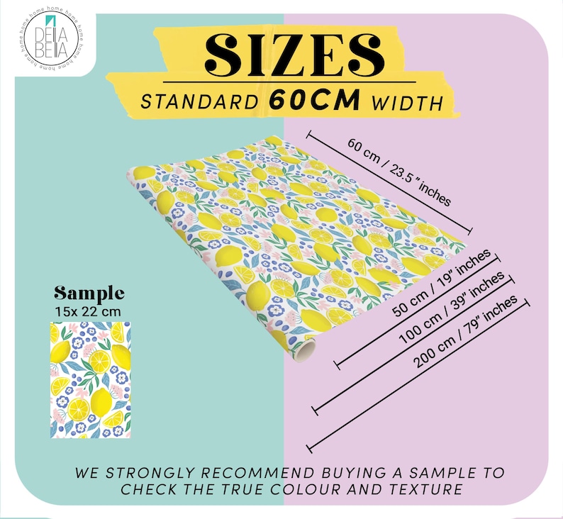 May include: A roll of wallpaper with a lemon and floral pattern. The wallpaper is yellow with lemons, blue flowers, and green leaves. The standard width is 23.5 inches (60 cm). A sample is 15 x 22 cm.