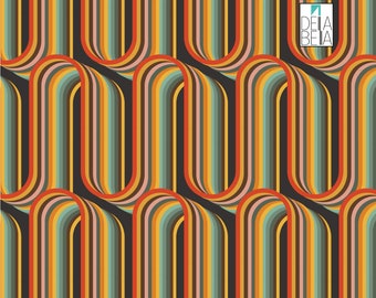 May include: A seamless pattern with a retro design featuring overlapping, curved stripes in shades of orange, yellow, green, blue, red, and brown. The stripes create a 3D effect, appearing to weave in and out of each other.