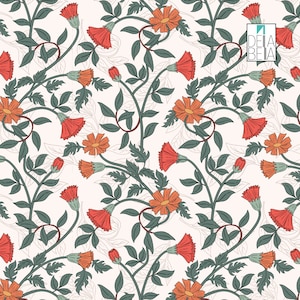 Op de afbeelding: Een naadloos patroon met oranje en rode bloemen met groene bladeren op een witte achtergrond. De bloemen zijn gestileerd en hebben een vintage esthetiek.