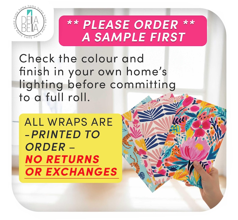 May include: An image showcasing samples of floral patterned wrapping paper. The samples feature various designs with pink, blue, and yellow hues. Text on the image advises ordering a sample first and notes that all wraps are printed to order with no returns or exchanges.