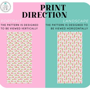 May include: A graphic with the text "PRINT DIRECTION" and "PORTRAIT" and "LANDSCAPE". The image shows a cherry pattern in both vertical and horizontal orientations, with the text explaining how the pattern is designed to be viewed.