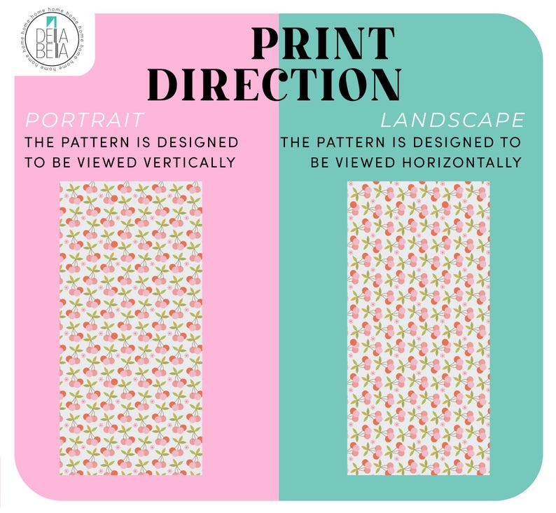 May include: A graphic with the text "PRINT DIRECTION" and "PORTRAIT" and "LANDSCAPE". The image shows a cherry pattern in both vertical and horizontal orientations, with the text explaining how the pattern is designed to be viewed.