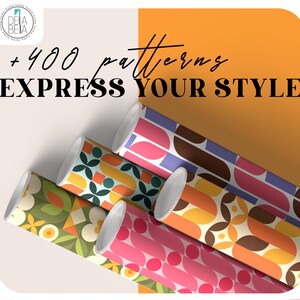 May include: Rolled wallpaper samples with colorful geometric patterns. The image includes text that reads "+ 400 patterns EXPRESS YOUR STYLE". The samples feature various designs in shades of green, yellow, pink, orange, and brown.