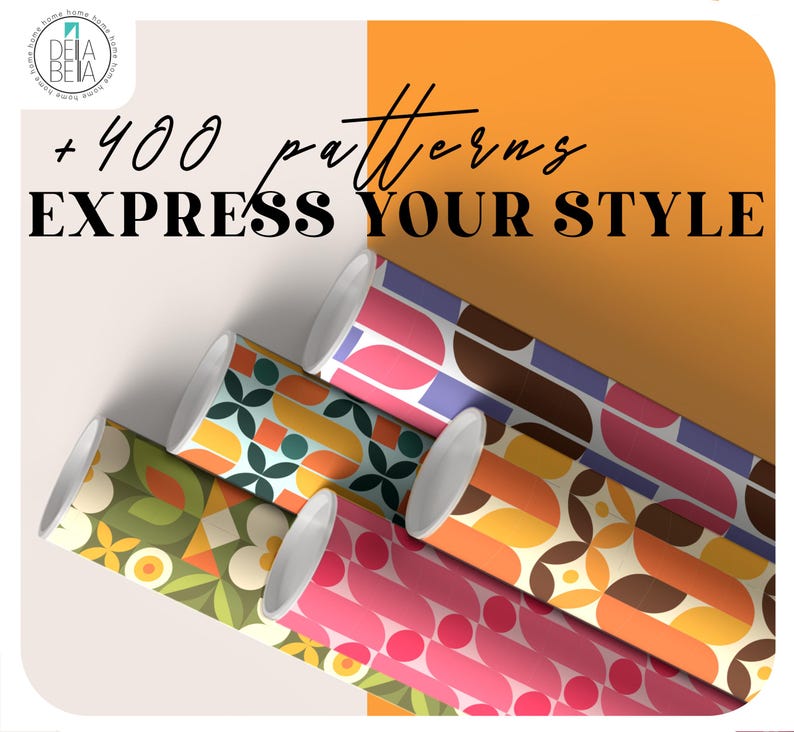 May include: Rolled wallpaper samples with colorful geometric patterns. The image includes text that reads "+ 400 patterns EXPRESS YOUR STYLE". The samples feature various designs in shades of green, yellow, pink, orange, and brown.