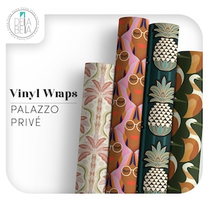 May include: Several rolls of patterned vinyl wraps. Designs include a palm tree, faces with glasses, pineapples, and birds. The text "Vinyl Wraps PALAZZO PRIVÉ" is visible. The wraps are suitable for home decor projects.