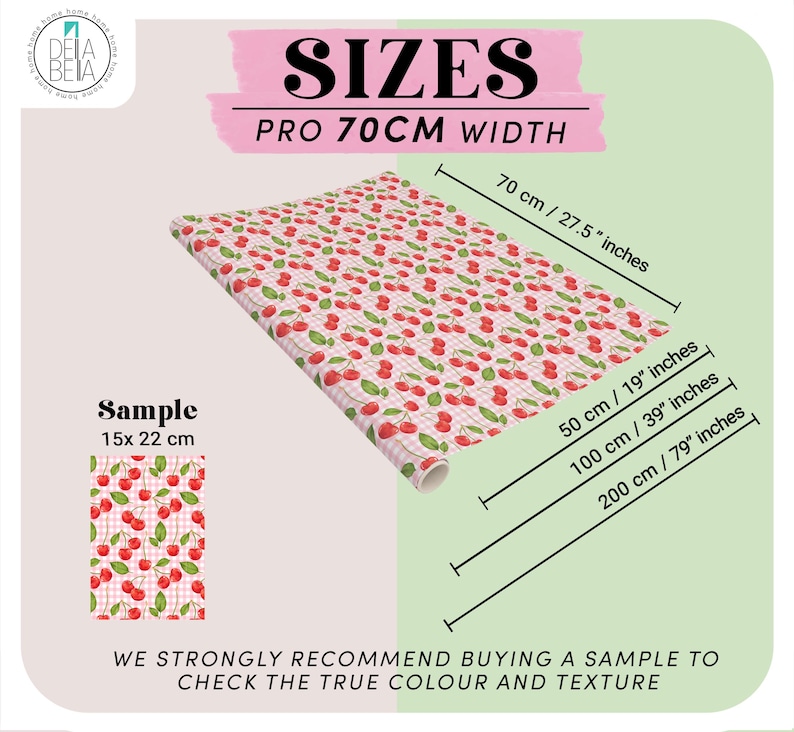 Op de afbeelding: Een rol patroonpapier met een kersendesign op een roze en witte geruite achtergrond. De tekst "SIZES" en "PRO 70CM WIDTH" worden weergegeven. Afmetingen worden weergegeven in cm en inches, waaronder 70 cm, 50 cm, 100 cm en 200 cm.