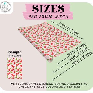 May include: A roll of patterned paper with a cherry design on a pink and white checkered background. The text "SIZES" and "PRO 70CM WIDTH" are displayed. Measurements are provided in inches and centimeters, including 27.5 inches, 19 inches, 39 inches, and 79 inches.