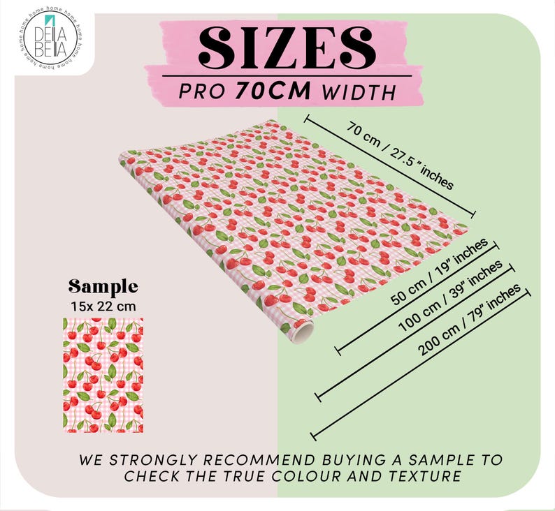 May include: A roll of patterned paper with a cherry design on a pink and white checkered background. The text "SIZES" and "PRO 70CM WIDTH" are displayed. Measurements are provided in inches and centimeters, including 27.5 inches, 19 inches, 39 inches, and 79 inches.