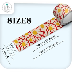 Red retro daisy vinyl strip decal showing available sizes including 10cm and 15cm widths, and 100cm and 200cm lengths.