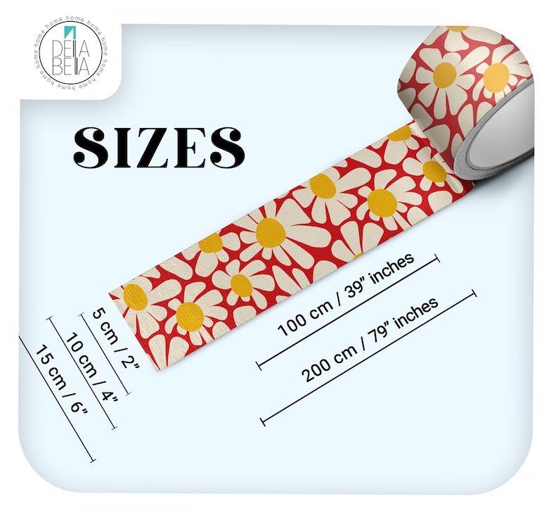 Red retro daisy vinyl strip decal showing available sizes including 10cm and 15cm widths, and 100cm and 200cm lengths.