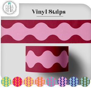 Roll of Wavy Wiggle peel and stick vinyl strip in dark red and light pastel pink. A retro self adhesive border perfect for furniture upcycling, faux dado rails, and quirky architrave stickers.