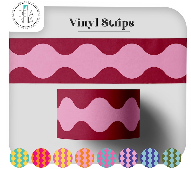 Roll of Wavy Wiggle peel and stick vinyl strip in dark red and light pastel pink. A retro self adhesive border perfect for furniture upcycling, faux dado rails, and quirky architrave stickers.