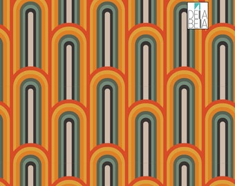 May include: A seamless pattern featuring a repeating design of orange, yellow, green, and black arches. The arches are stacked on top of each other, creating a wave-like effect.