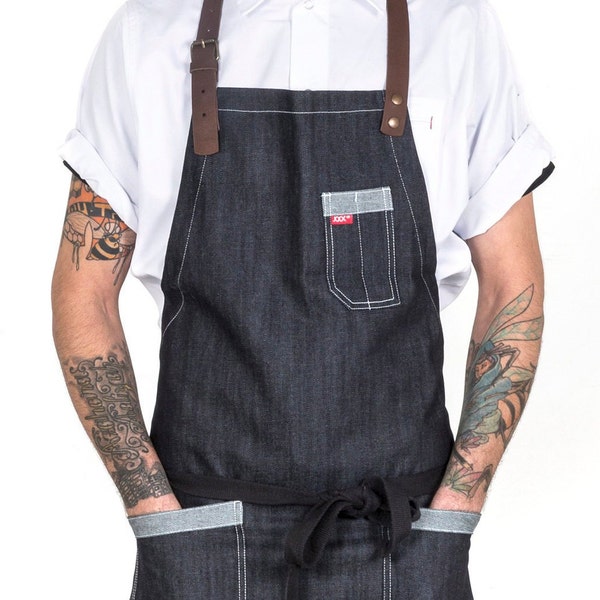 Tablier en jean et lanière cuir, Tablier Barista,Tablier barman personnalisé,