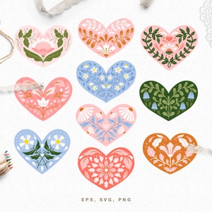 Folk Art Herzen Clip Art (SVG, PNG, EPS), Vektor Illustration, digitaler Download und druckbar, Valentinstag Clipart, Love Hearts svg