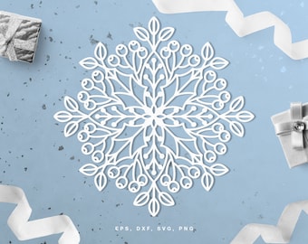 May include: White snowflake design with intricate details, featuring holly leaves and berries. The design is perfect for crafting and decorating.