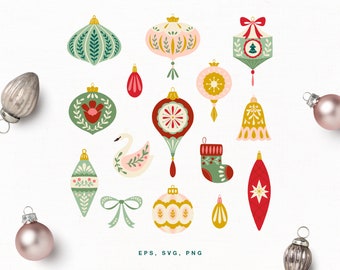 Christmas Ornaments Clip Art (SVG, PNG, EPS), vector Holidays illustration, digital download printable, Vintage Christmas Ornaments Clipart