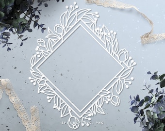 Diamond shape floral frame digital cut file (svg, dxf, png, eps) Silhouette Cameo, Cricut, paper craft, scrapbooking, card making, stencil