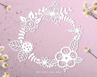 Floral wreath digital cut file (svg, dxf, png, eps) for Silhouette, Cricut, in paper crafting, scrapbooking projects, card making, stencils.