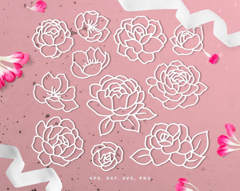 Pu&ograve; includere: Un set di 11 illustrazioni di fiori bianchi in contorno su uno sfondo rosa. I fiori sono di vari tipi di rose e peonie.