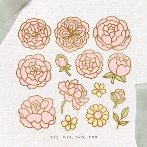Ensemble de fichiers coupés SVG floraux (svg dxf png eps) Silhouette & Cricut, scrapbooking numérique, fabrication de cartes, fichier svg découpé en papier, décor floral DIY