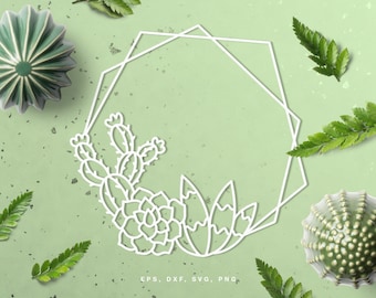 Succulent and cacti geometric frame cut file (svg dxf png eps) for Silhouette & Cricut, digital scrapbooking, card making, cactus paper cut