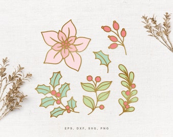 Winter Flora SVG Set - Cut File for Cricut & Silhouette, svg dxf png eps, Poinsettia svg, Winter leaves svg, Christmas Flowers, Holly Berry